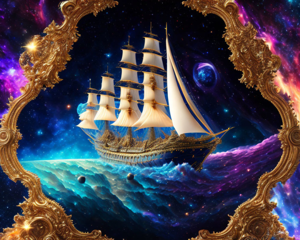 Golden-framed ship sailing in cosmic ocean with nebulae and stars