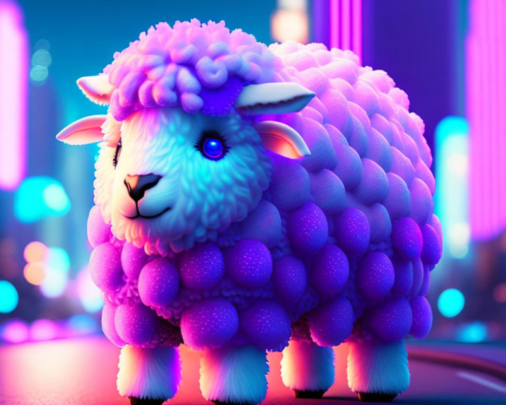 Pink fluffy sheep with blue eyes in neon-lit cityscape