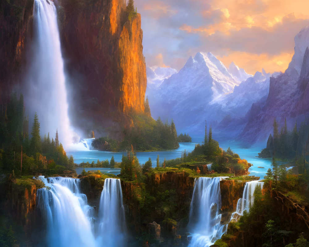 Scenic landscape with multiple waterfalls, serene river, cliffs, and mountains