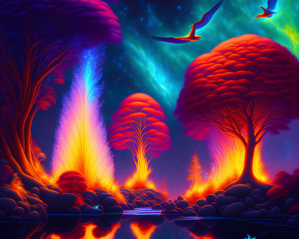 Colorful neon-lit fantasy landscape with glowing trees and starry sky