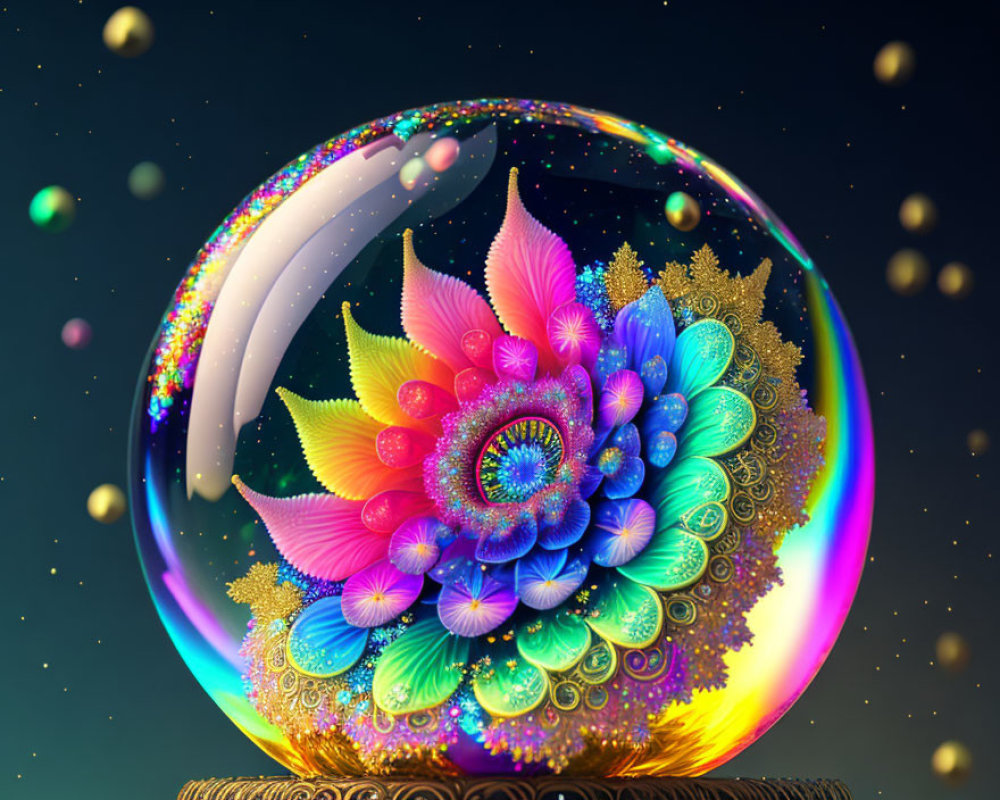 Colorful Floral Mandala Artwork in Translucent Sphere on Dark Background