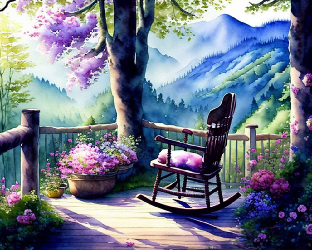 Tranquil garden scene with rocking chair, blooming flowers, lush trees, and distant mountains