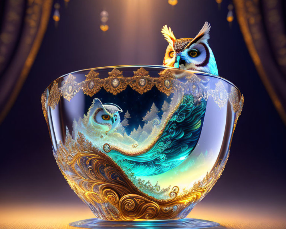 Illustrated owl on glass bowl with wave design, mystic backdrop.