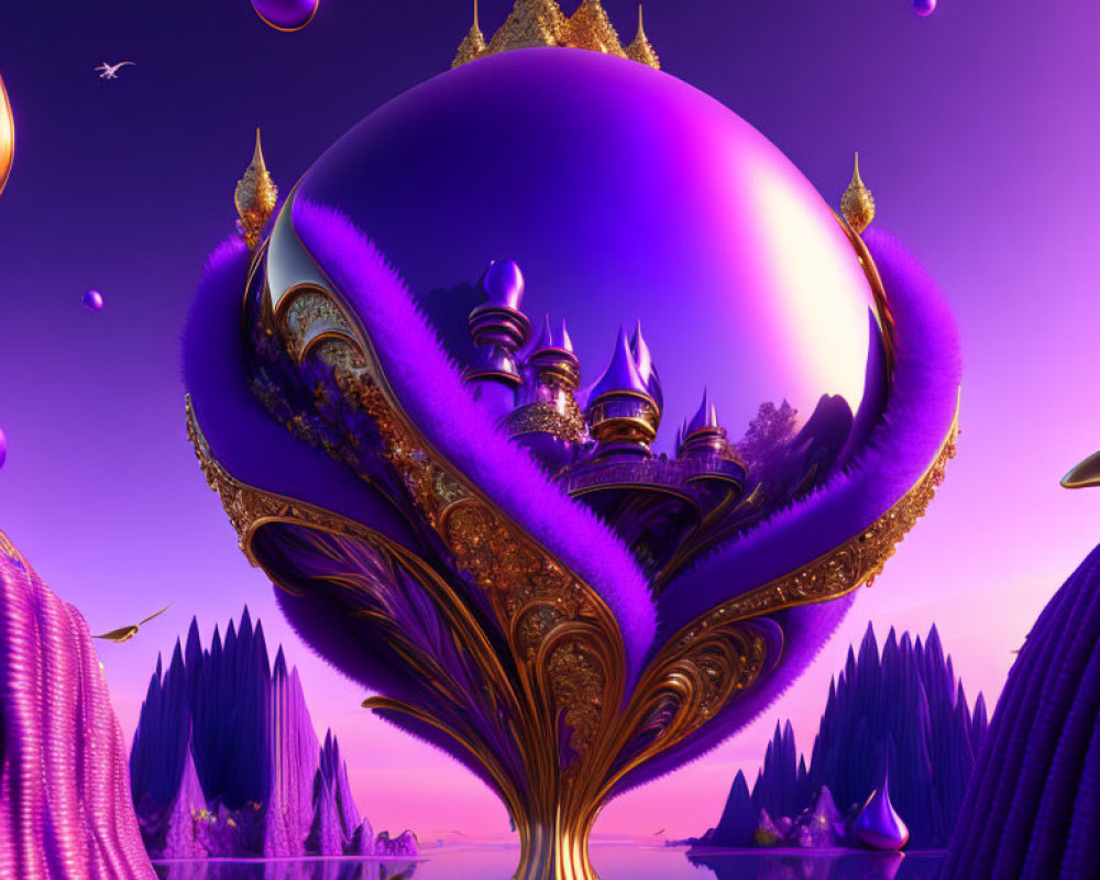 Purple and Gold Ornate Goblet Structure in Surreal Landscape