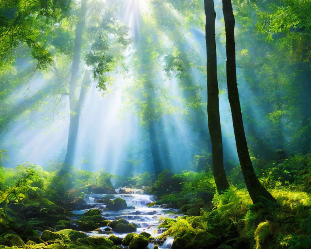 Misty forest scene with sunlight, babbling brook, and green foliage