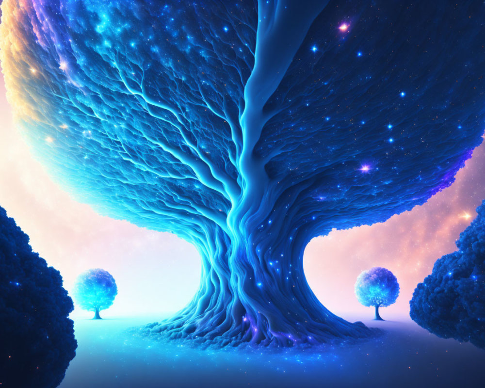 Digital artwork: Colossal tree with glowing blue canopy under starry sky surrounded by luminescent trees