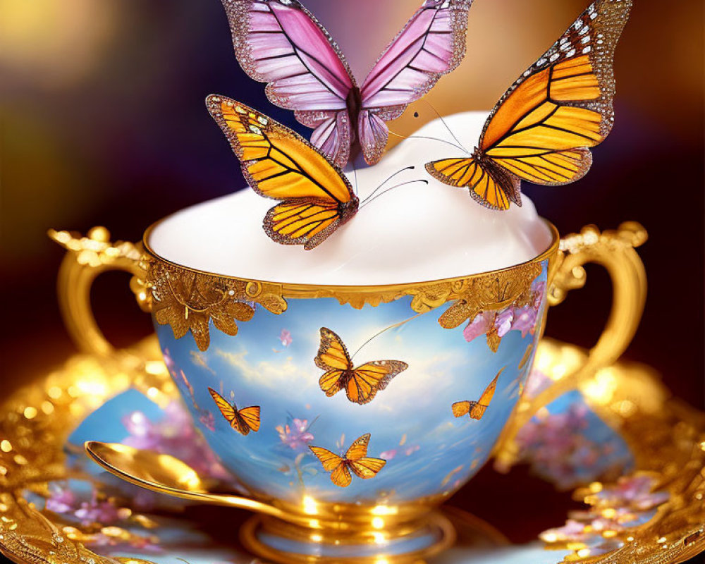 Porcelain teacup set with blue sky and golden floral design, foam cloud, and colorful butterflies