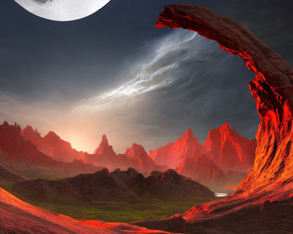 Glowing red arch in dramatic twilight landscape with moon and mountains