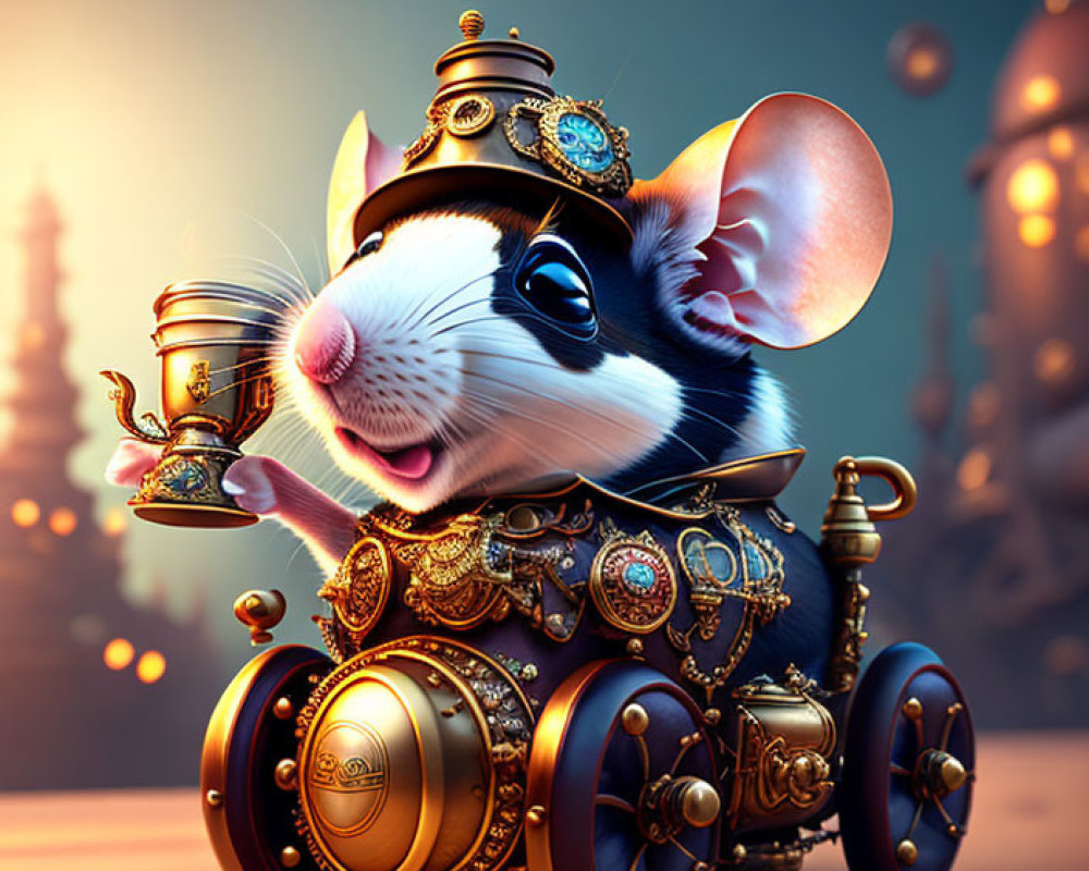 Steampunk-style mouse with golden ornaments and gears in fantasy scene