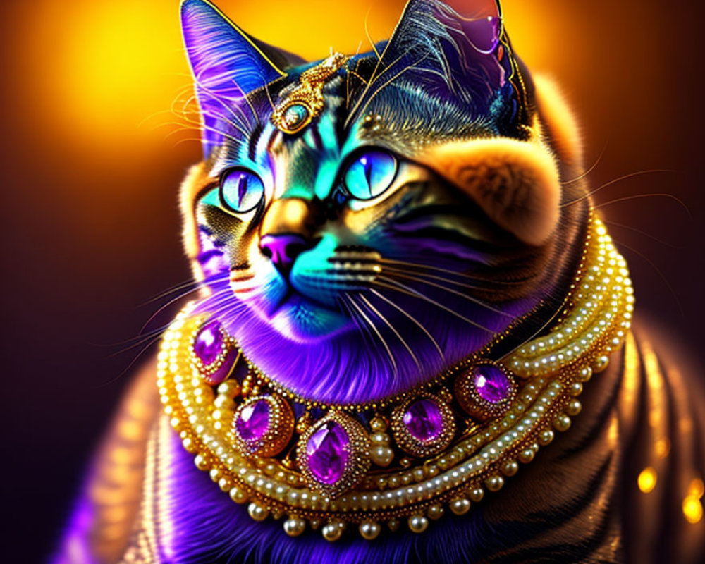 Colorful Digital Artwork: Cat with Jewels & Headdress on Bokeh Background