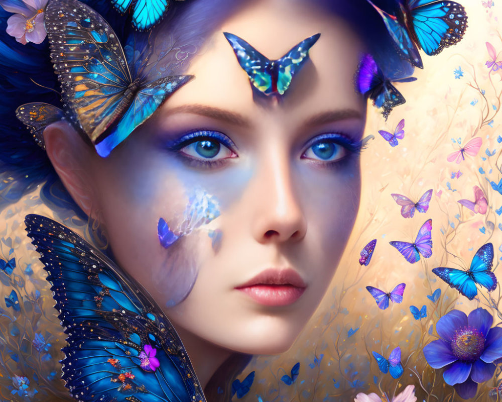 Portrait of woman with blue butterflies and floral backdrop.