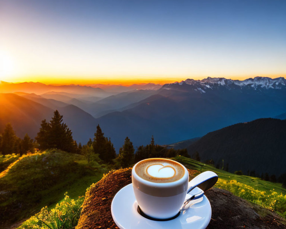 Coffee cup with heart foam art on saucer against sunrise mountain range