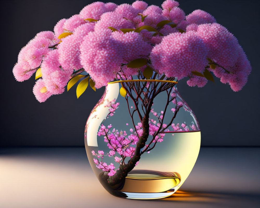 Pink Flowering Branches in Round Glass Vase with Water