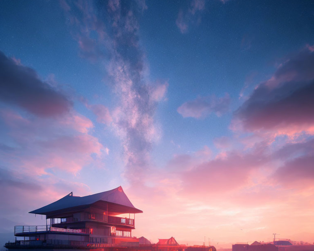 Traditional Asian-style house under serene twilight sky with galaxy view.