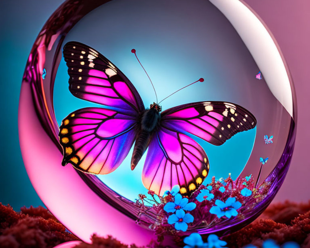 Colorful Butterfly in Bubble with Pink and Black Wings on Crimson Foliage against Teal Background