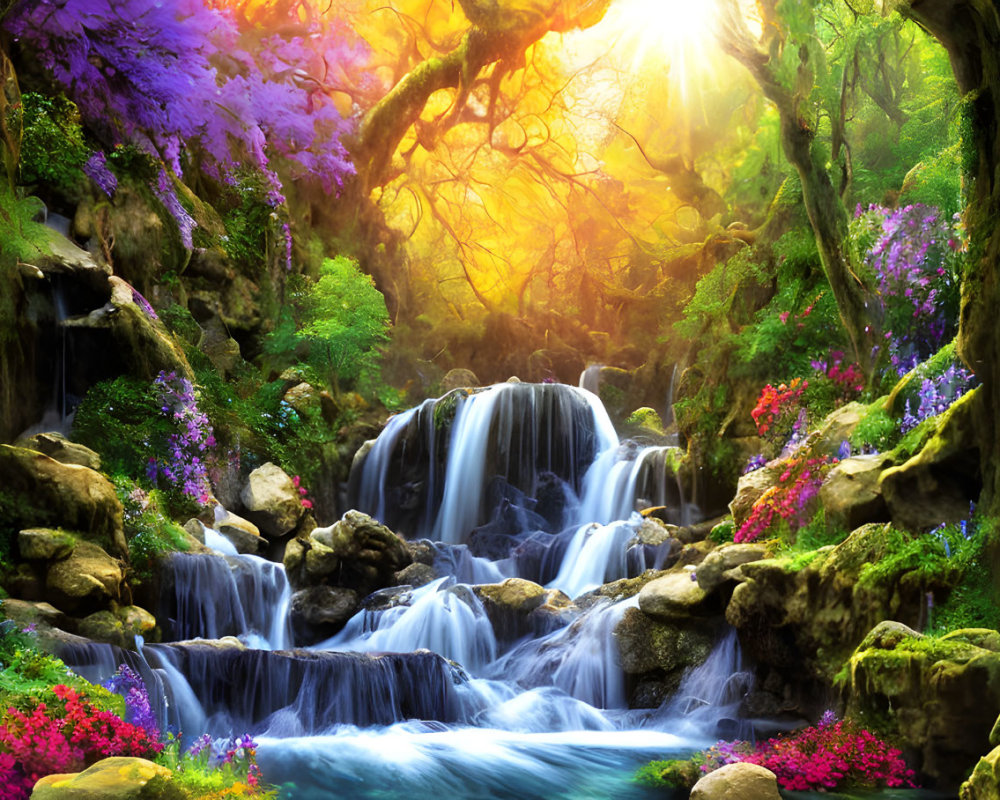 Colorful Forest Glade with Vibrant Waterfall and Lush Foliage