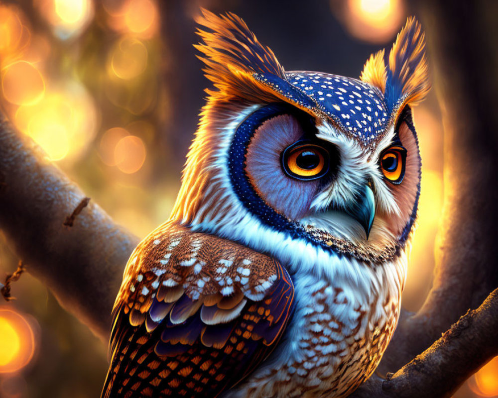 Colorful Stylized Owl Perched on Branch with Glowing Lights