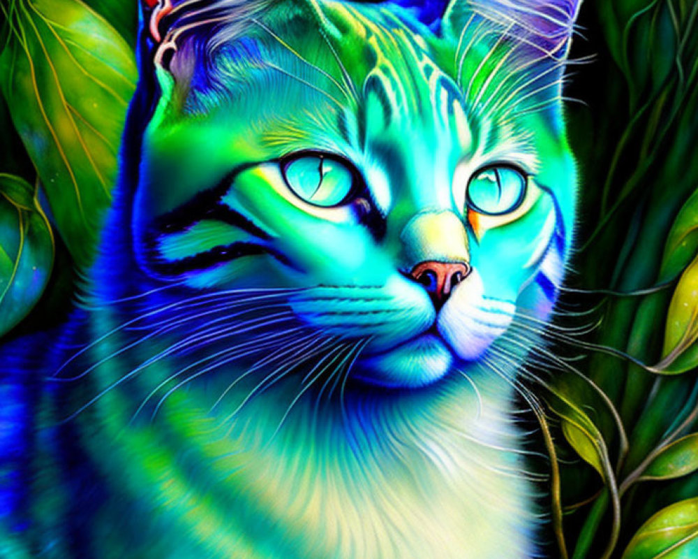 Colorful digital artwork: Cat with blue, green, and purple coat among leaves