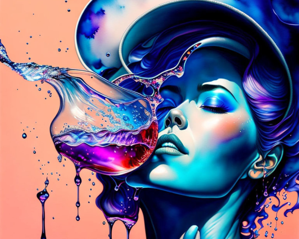 Surreal digital artwork: Woman with blue skin in colorful, liquid-filled scene