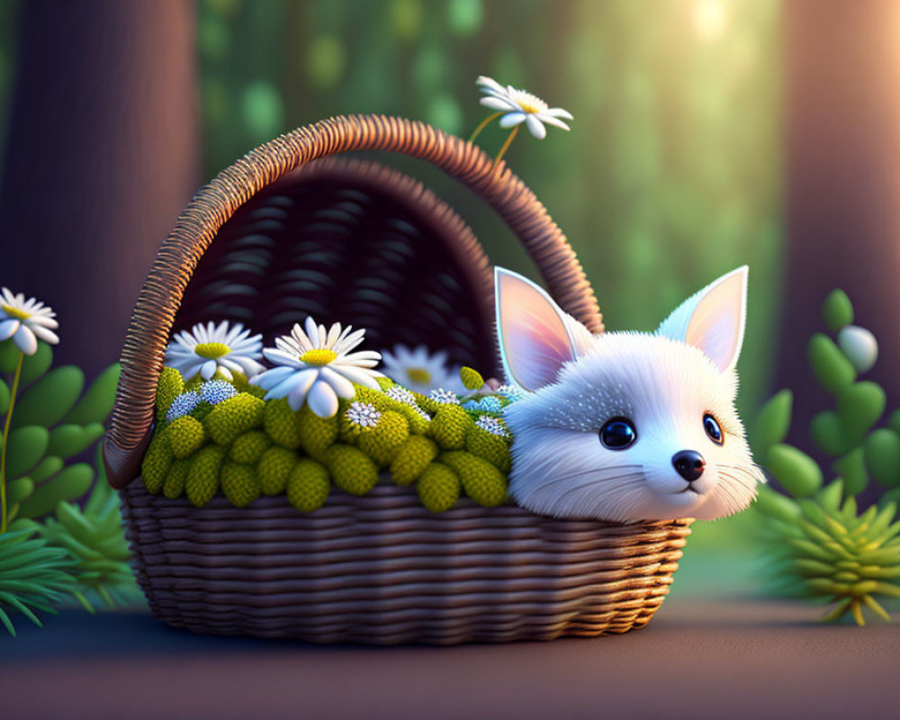 Illustration of fluffy white creature in wicker basket among yellow flowers