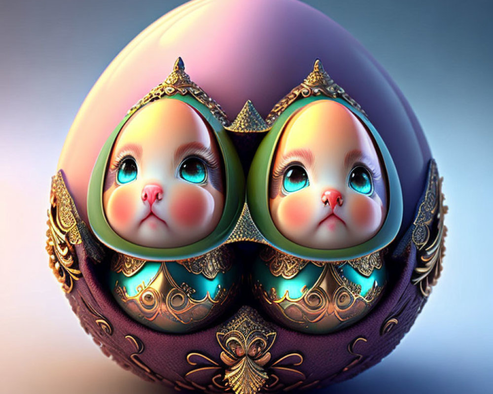 Stylized characters with expressive eyes in ornate egg-shaped setting