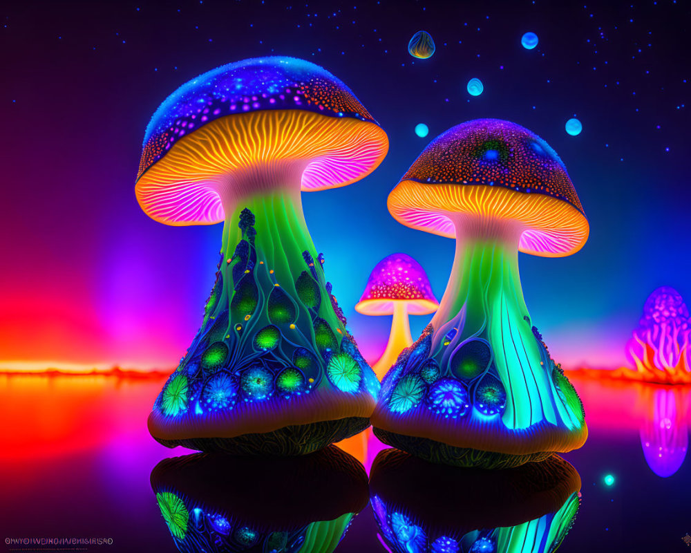 Colorful Neon-Lit Mushrooms Reflecting on Smooth Surface