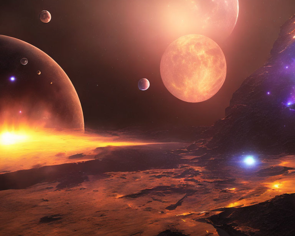 Surreal cosmic landscape with planets, stars, and fiery horizon