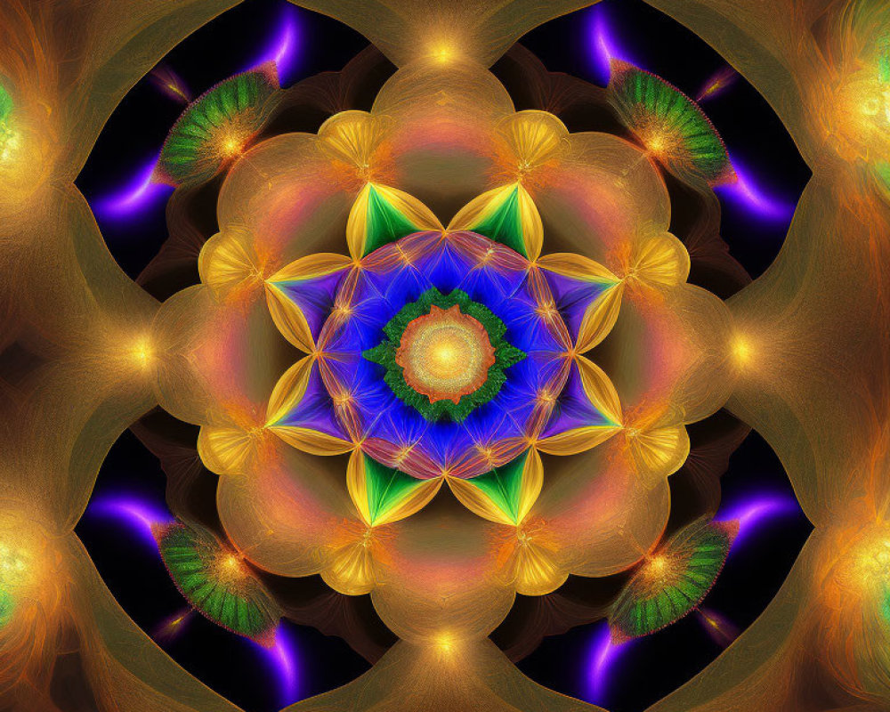 Symmetric Digital Mandala with Vibrant Orange and Blue Floral Motifs