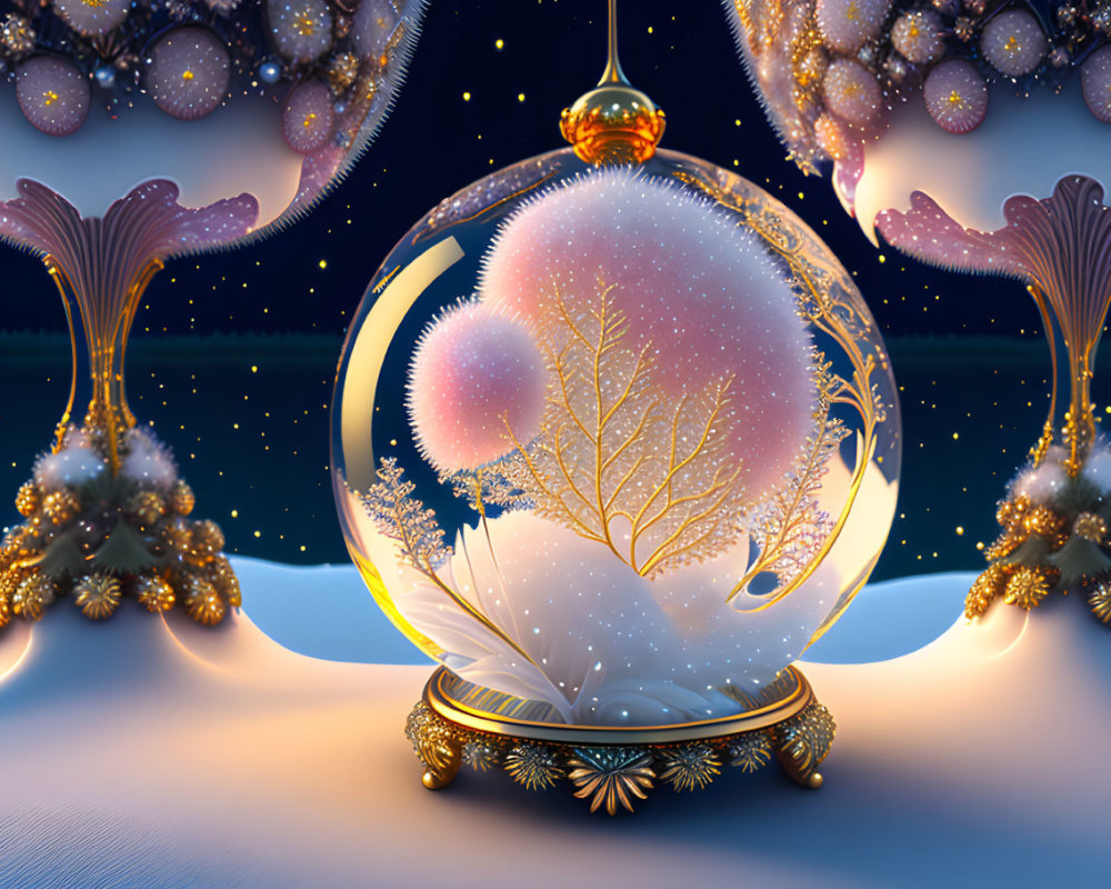 Fantastical glowing pink tree in transparent ornament with mushroom-like structures under starry sky