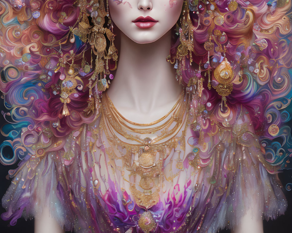 Vibrant fantasy portrait of woman with purple and pink hair and gold jewelry