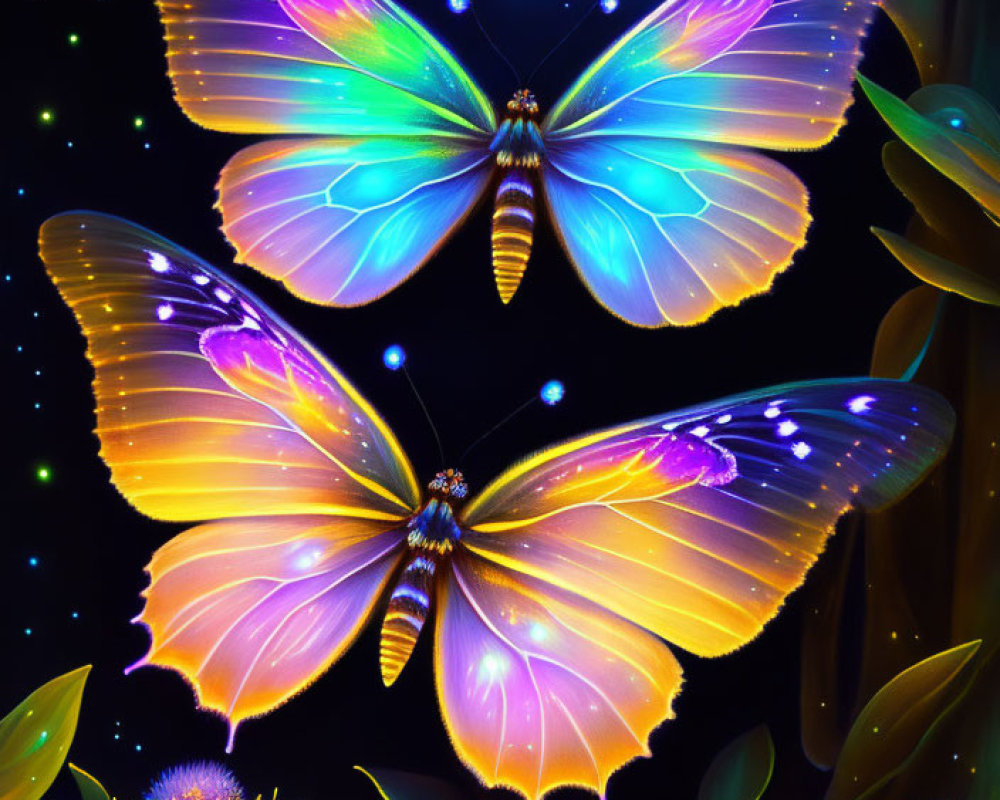 Vibrant glowing butterflies with iridescent wings in luminous flora at night