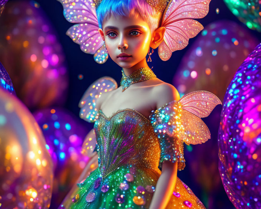 Person with Butterfly Wings and Luminous Attire Surrounded by Glowing Orbs