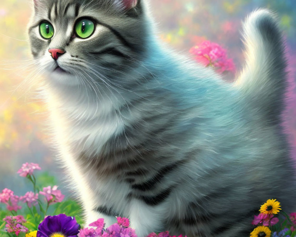 Gray Tabby Cat with Green Eyes Among Colorful Flowers in Soft Lighting