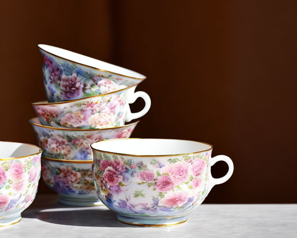 Floral-patterned porcelain teacups on marble surface with brown backdrop