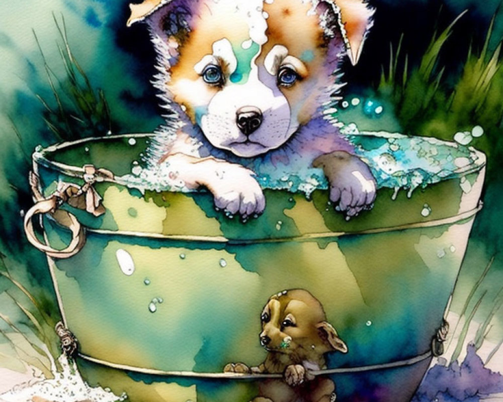 Watercolor illustration of cute puppy in sud-filled bucket with blended green and blue background