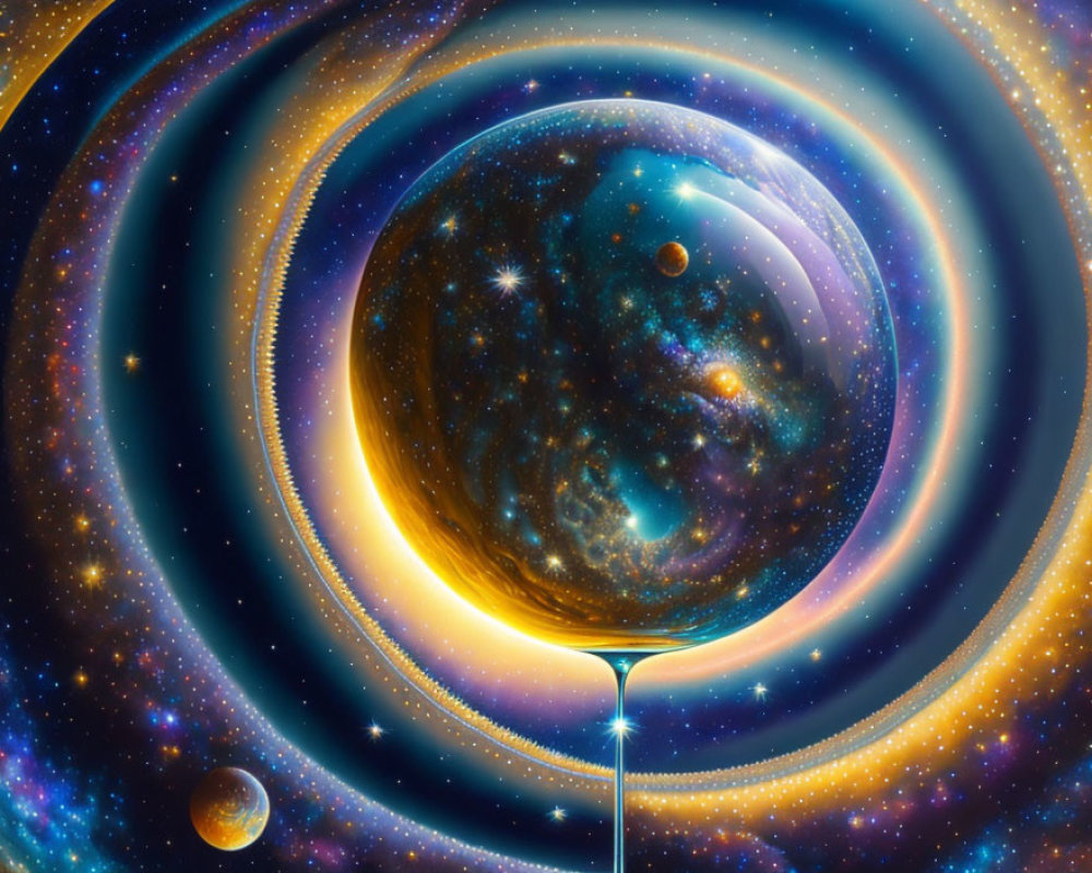 Surreal cosmic image: galaxy in droplet on pedestal, planets, light circles