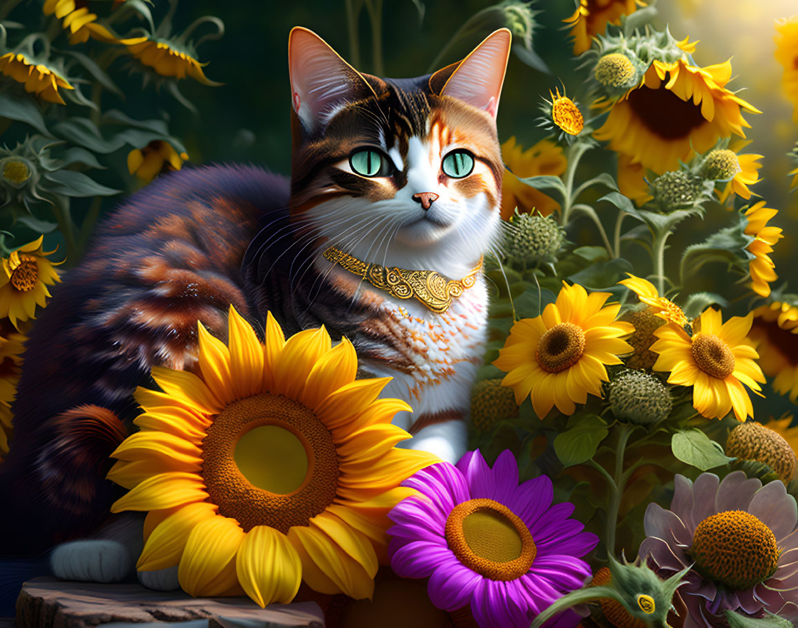 Colorful Cat Illustration Among Sunflowers and Flowers