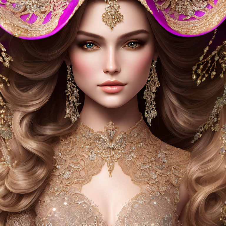 Digital artwork of woman with wavy hair, gold jewelry, pink hat, and intricate designs