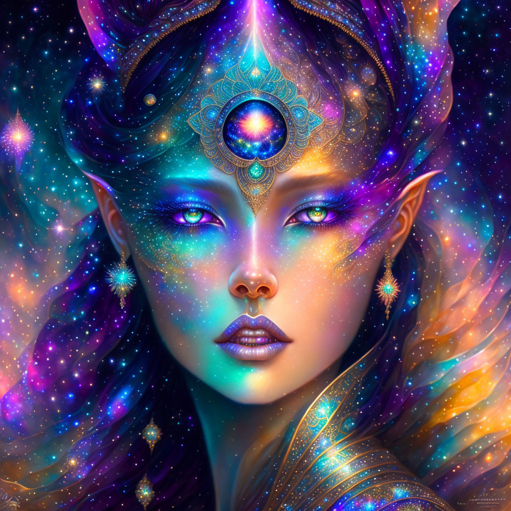 Vibrantly colored mystical female figure with blue skin and luminous purple eyes