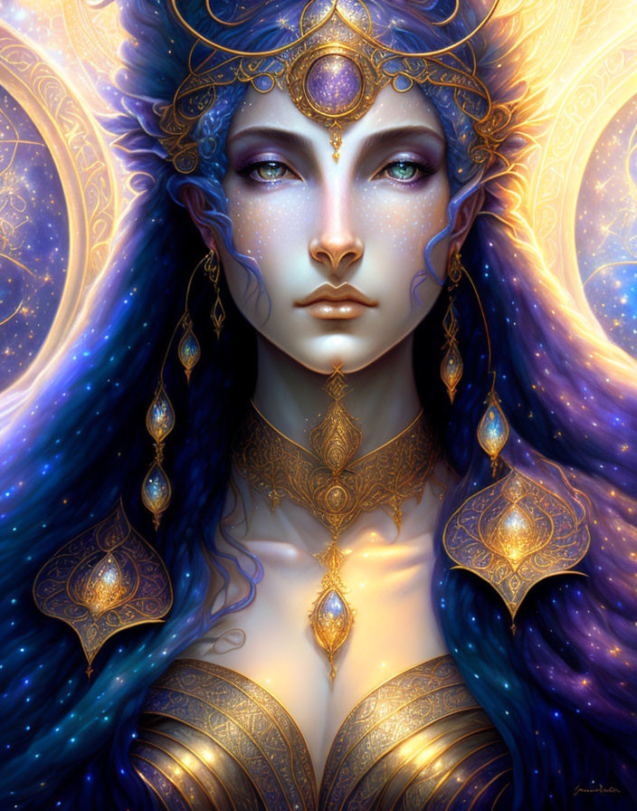 Ethereal figure with blue hair and cosmic motifs adorned with golden jewelry