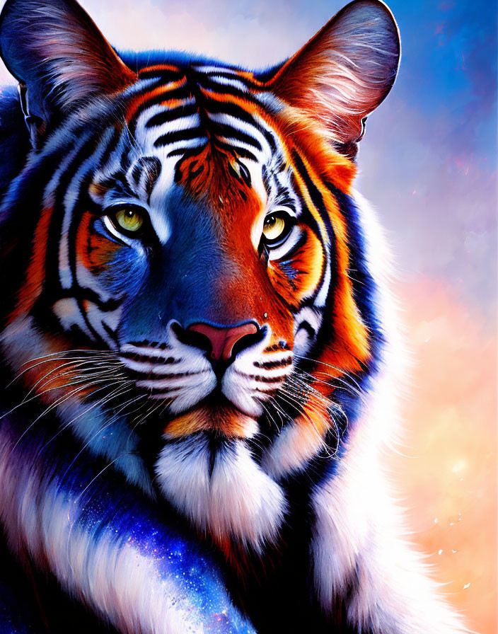 Colorful digital artwork: Tiger with cosmic fur pattern in starry sky