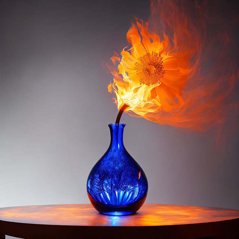 Blue Vase with Fiery Orange Flame on Table Against Gradient Background