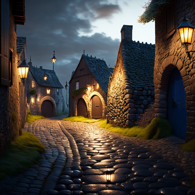 Historic cobblestone street at dusk with stone houses and lanterns