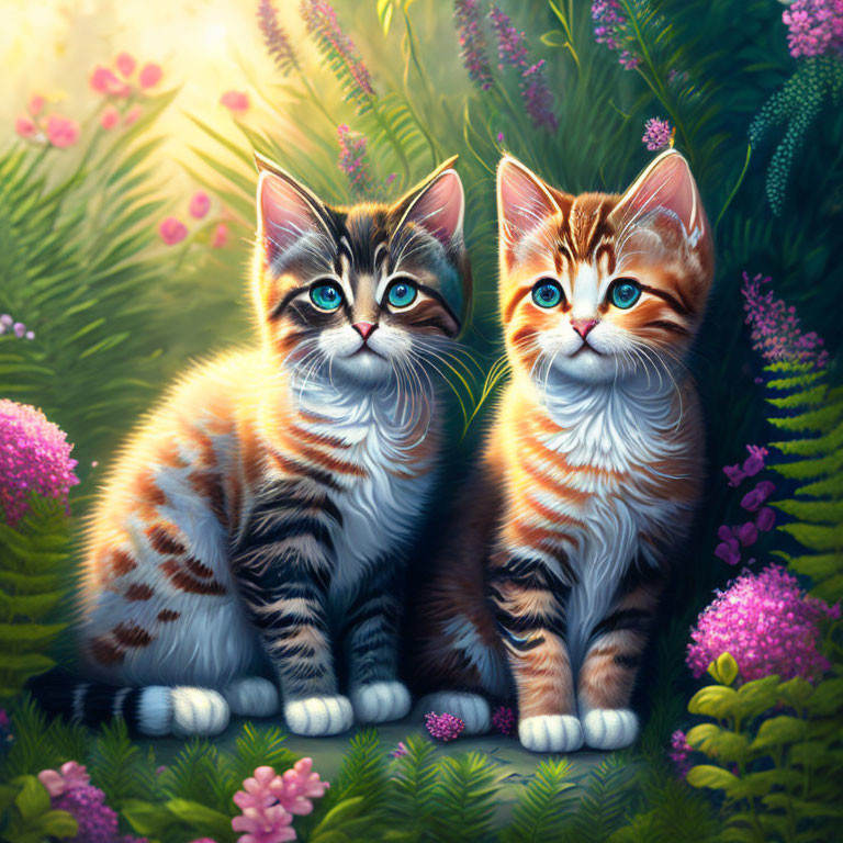 Colorful Kittens Among Greenery and Pink Flowers