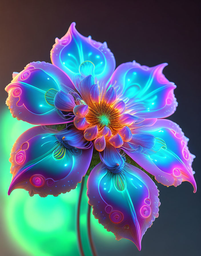 Vibrant neon blue and purple digital flower on green and black backdrop