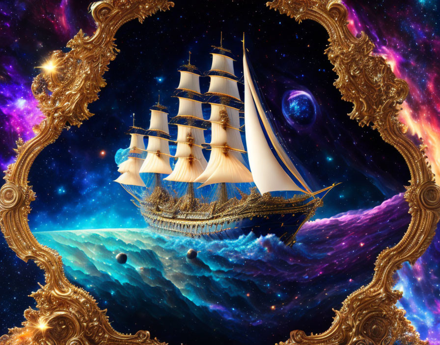 Golden-framed ship sailing in cosmic ocean with nebulae and stars