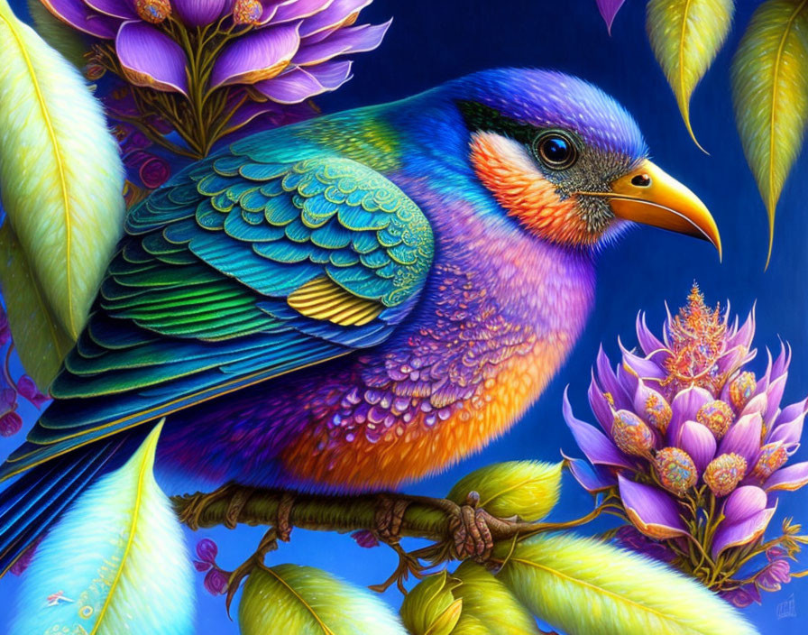 Colorful Bird Perched Among Purple Flowers on Blue Background