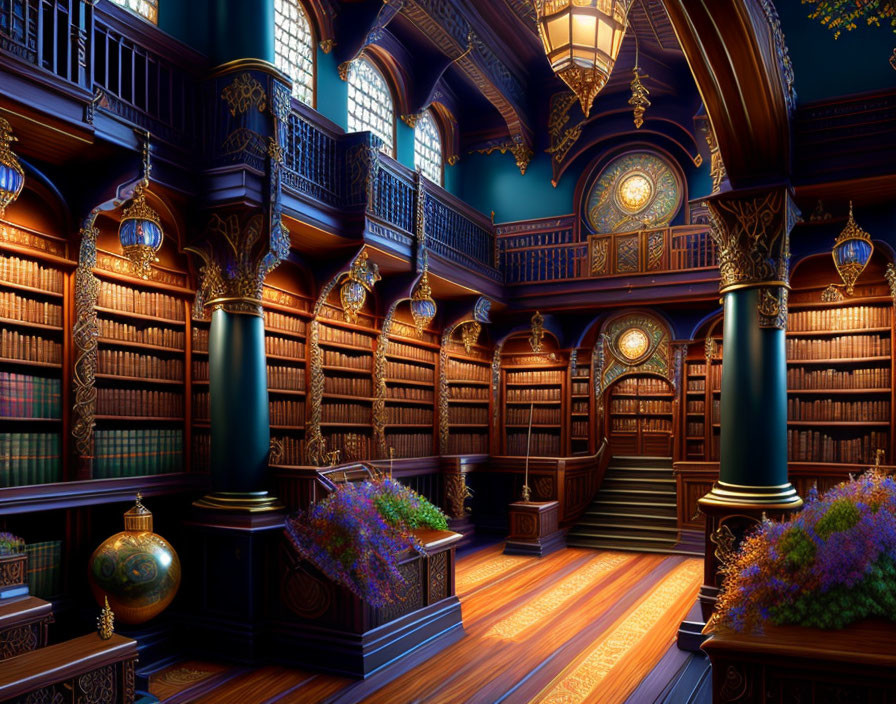 Luxurious Library with Ornate Bookcases, Grand Arches, and Globe