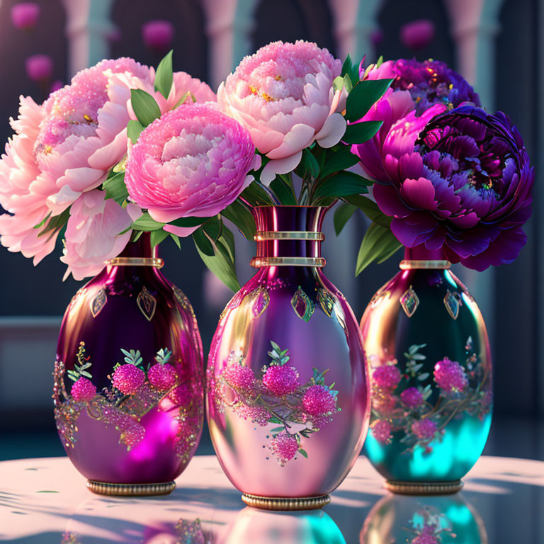 Ornate vases with pink and purple peonies on architectural background