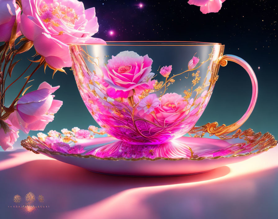 Translucent Pink Teacup with Gold and Floral Patterns on Matching Saucer